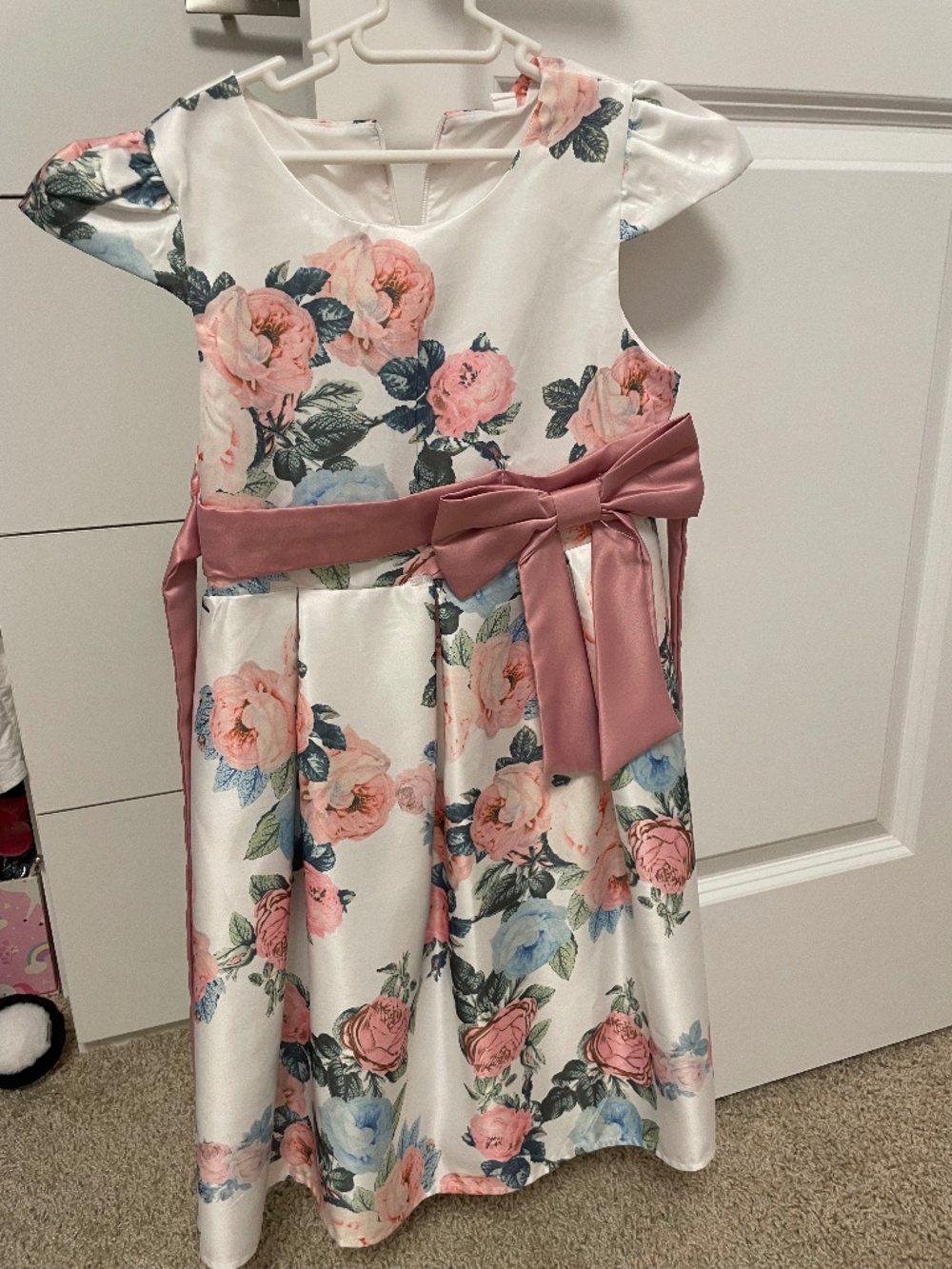 Girls White and Pink Rose Floral Satin Holiday Party Dress Size 7